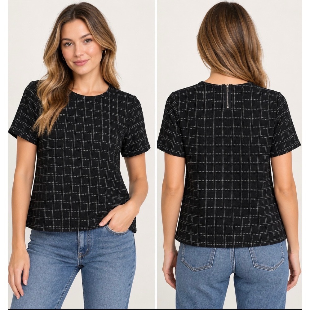 Anthropologie Postmark Keisha Grid Top Small Black White Windowpane Textured Tee